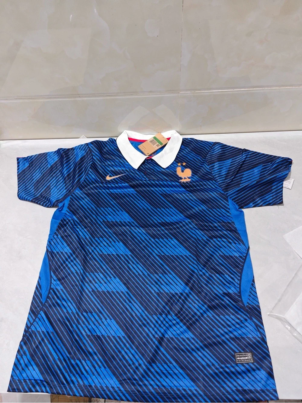 Nike Men's Blue and Navy France Football Jersey with White Collar